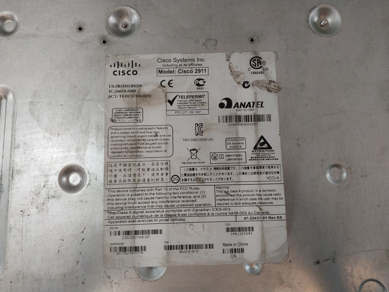 Cisco 2911 Integrated Services Router Pwr-2911-ac 100-240V 3-1A 50/60Hz