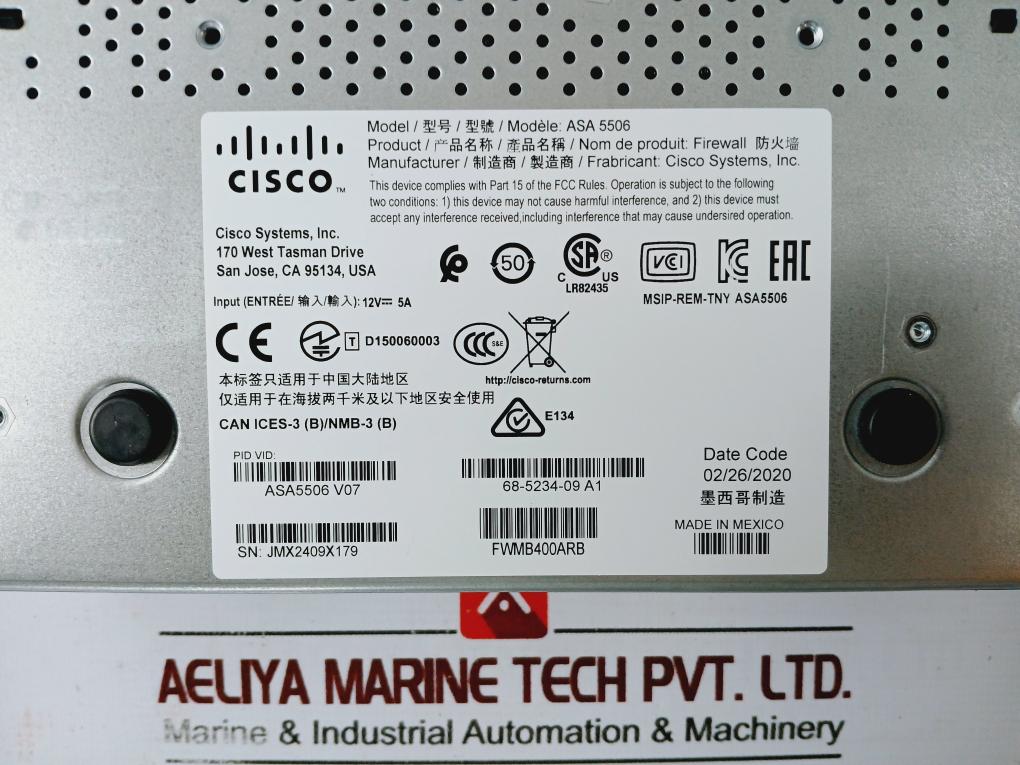 Cisco Asa 5506-x Firewall With Control License Asa5506-k9 12vdc 5a