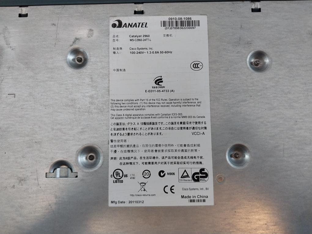 Cisco CATALYST 2960 Series 24 Port Switch WS-C2960-24TT-L 100-240V~ 1.3-0.8A