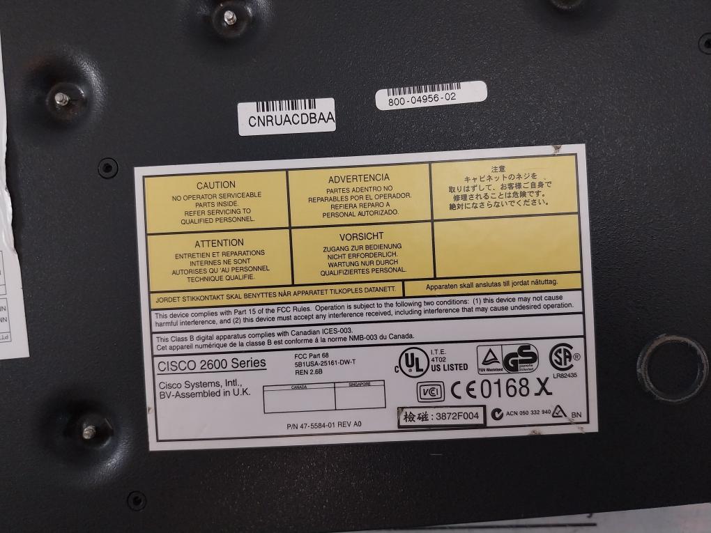 Cisco Cisco2620, 10/100 Ethernet Router 100-240v~ 1.5a/0.75a 50/60hz