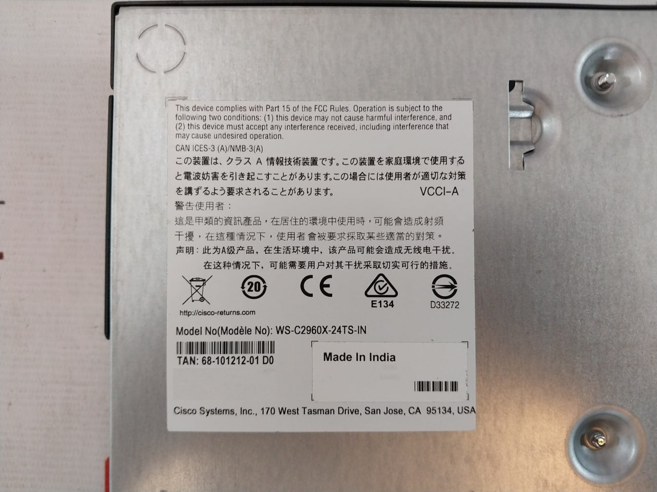 Cisco Ws-c2960X-24Ts-in Lan Base Switch 100-240V 12V-5A