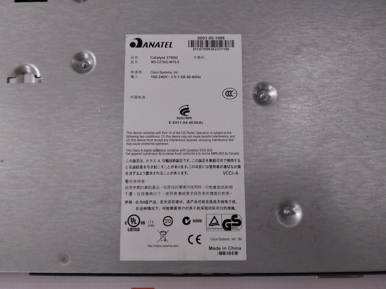 Cisco Ws-c3750G-48Ts-s Catalyst 3750G Series Switch 100–240V 3.0-1.5A 50-60Hz