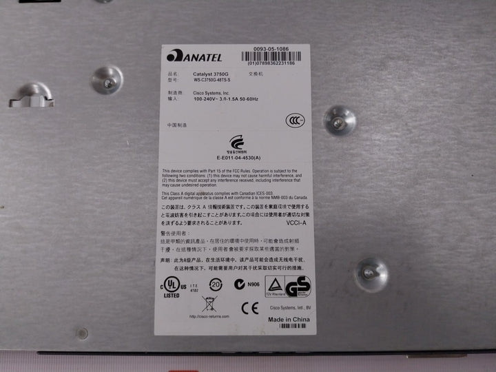 Cisco Ws-c3750G-48Ts-s Catalyst 3750G Series Switch 100–240V 3.0-1.5A 50-60Hz