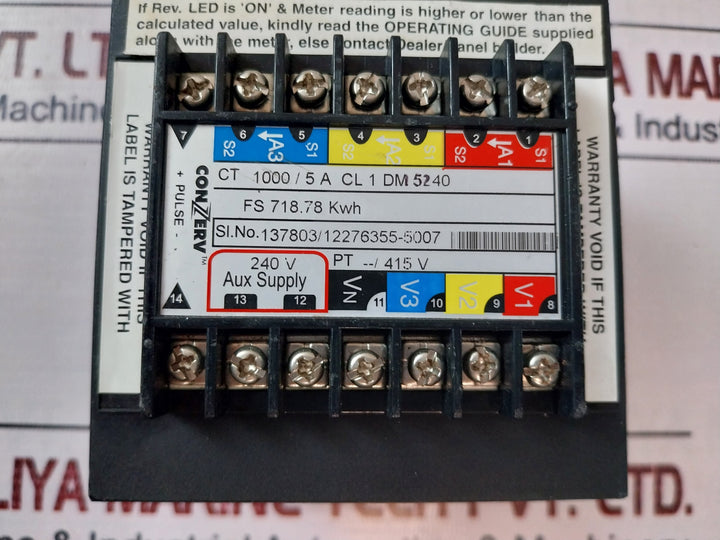Conzerv Dm 5240 True Rms 3 Phase Meter Ct 250/5A  Aux 240V Fs 179.69 Kwh
