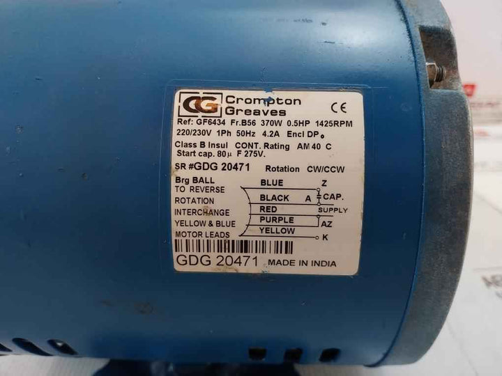 Crompton Greaves Gf6434 Single Phase Ac Electric Motor 1425 Rpm 220/230v