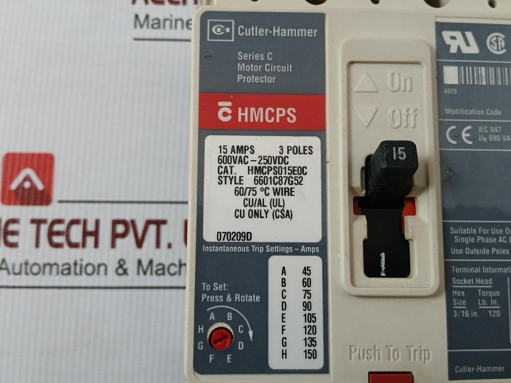 Cutler-hammer 250Vdc 3 Pole Hmcps015E0C Motor Circuit Protector