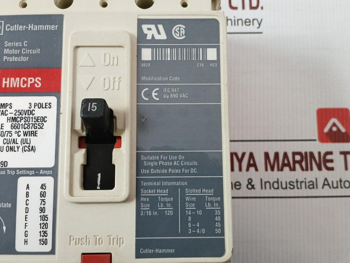 Cutler-hammer 250Vdc 3 Pole Hmcps015E0C Motor Circuit Protector