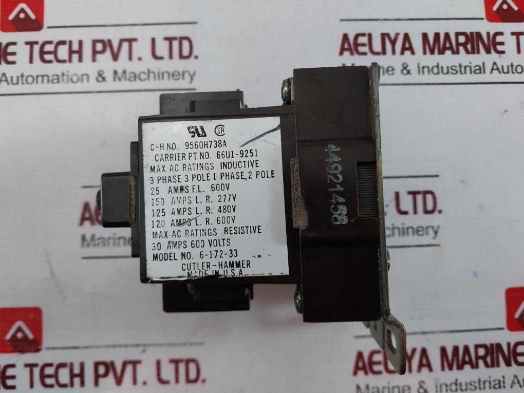 Cutler-hammer 6-172-33 Contactor 9560H738A, 66U1-9251, 25 Amperes