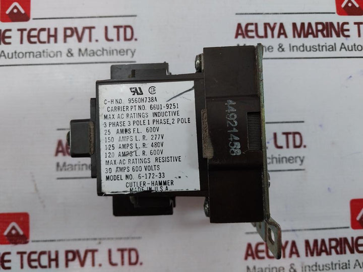 Cutler-hammer 6-172-33 Contactor 9560H738A, 66U1-9251, 25 Amperes