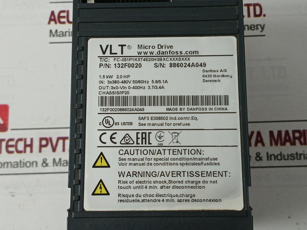 Danfoss 132F0020 Variable Frequency Micro Drive 3X380-480V 50/60Hz 5.9/5.1A