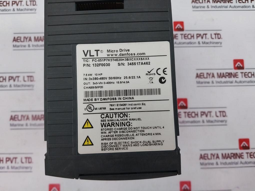 Danfoss 132f0030 Vlt Micro Drive Fc-051p7k5t4e20h3bxcxxxsxxx 7.5 Kw 10 Hp