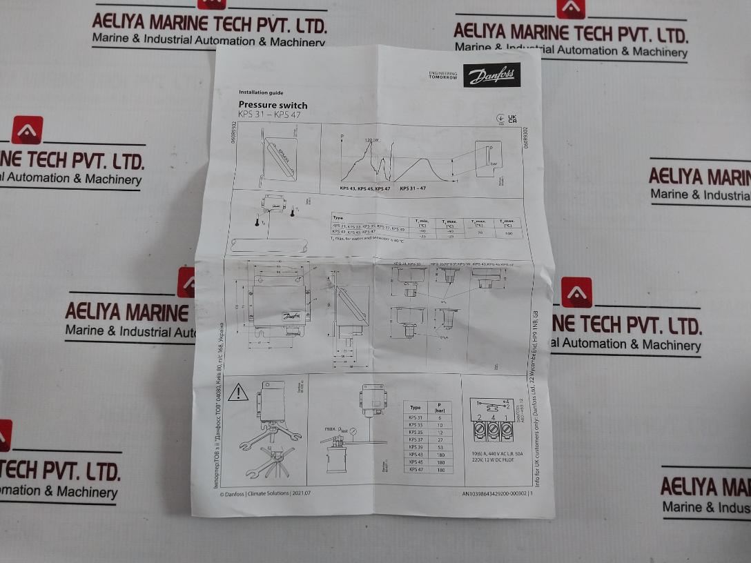 Danfoss Kps 43 Pressure Switch 1.02 Kp/Cm2 0.1-1.0 Mpa Mwp 1750 Psig 240Vdc 12W