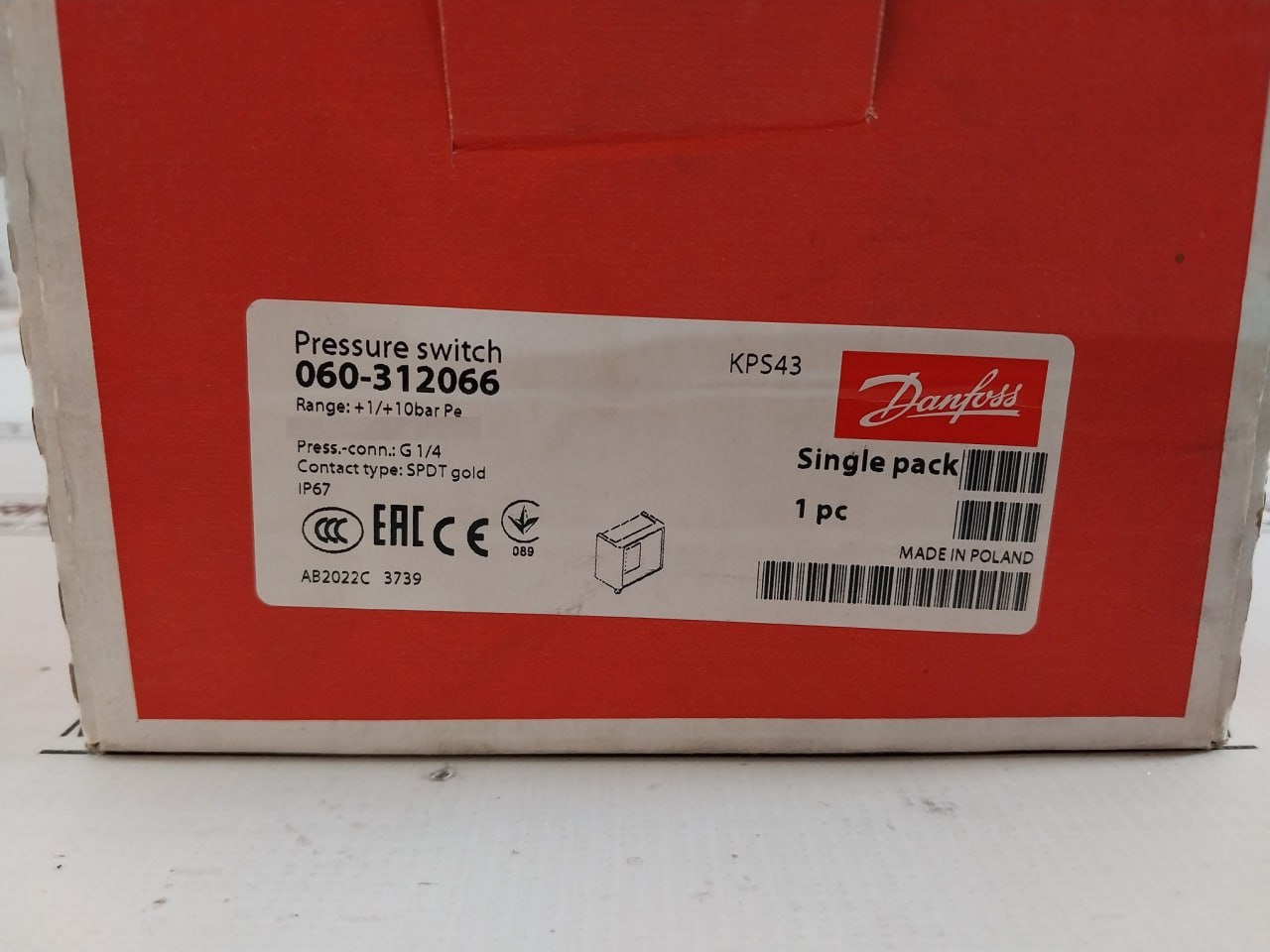 Danfoss Kps 43 Pressure Switch 1.02 Kp/Cm2 0.1-1.0 Mpa Mwp 1750 Psig 240Vdc 12W