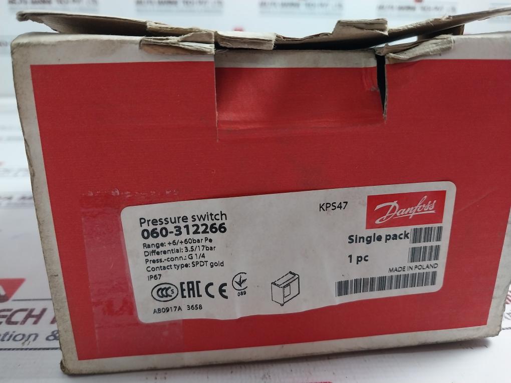 Danfoss Kps 47 Pressure Switch, 0.6-6.0 Mpa, 6-60 Bar Pe, 50-800 Psig