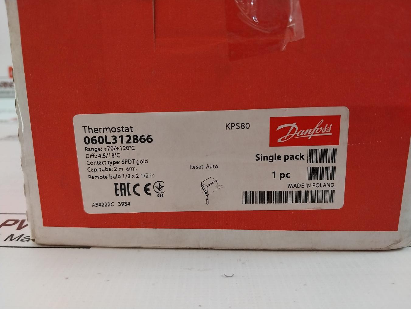 Danfoss Kps80 Thermostat Temperature Switch 70-120C Ac1 10A Ip67 5-30V A0965