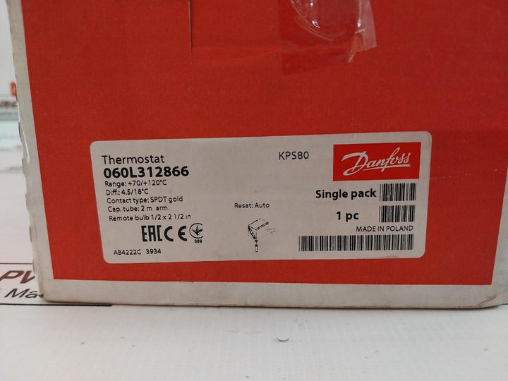 Danfoss Kps80 Thermostat Temperature Switch 70-120C Ac1 10A Ip67 5-30V A0965