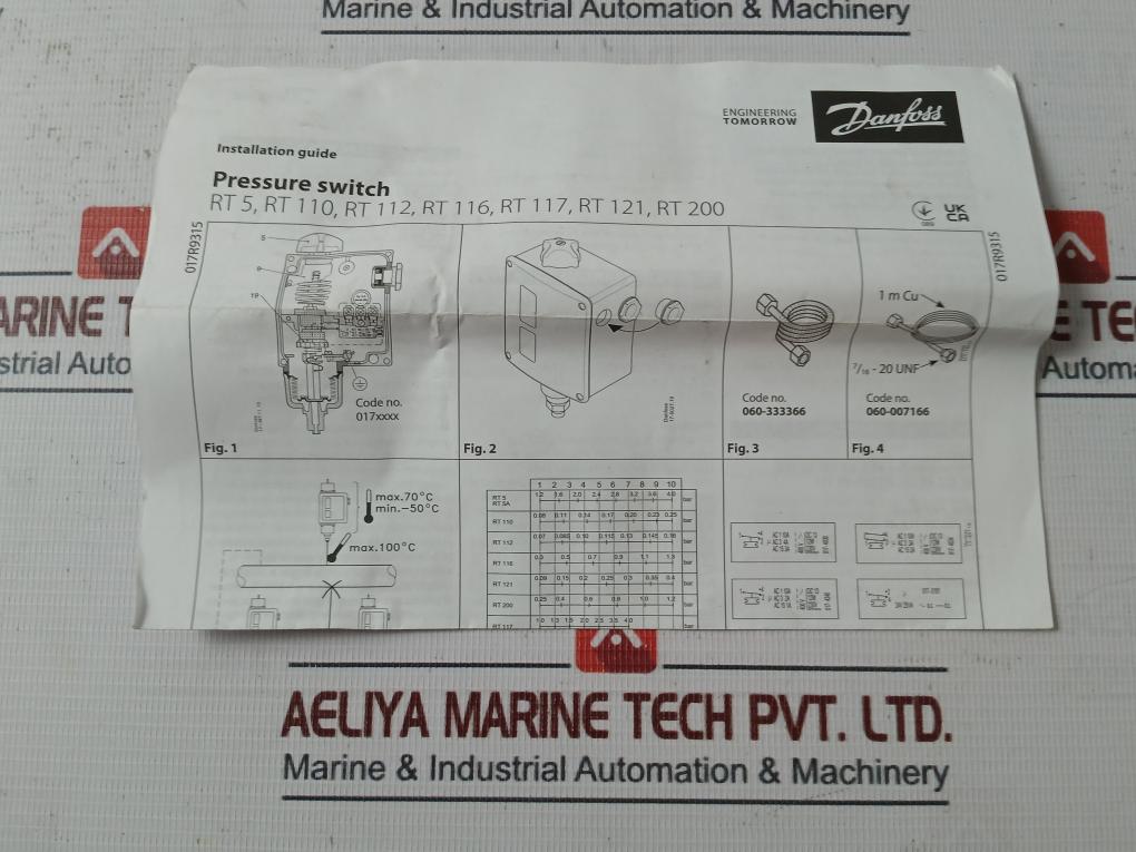Danfoss Rt121 Pressure Switch 017A1681-03 En60947-4/-5 Ip66 7 Bar/102 Psig