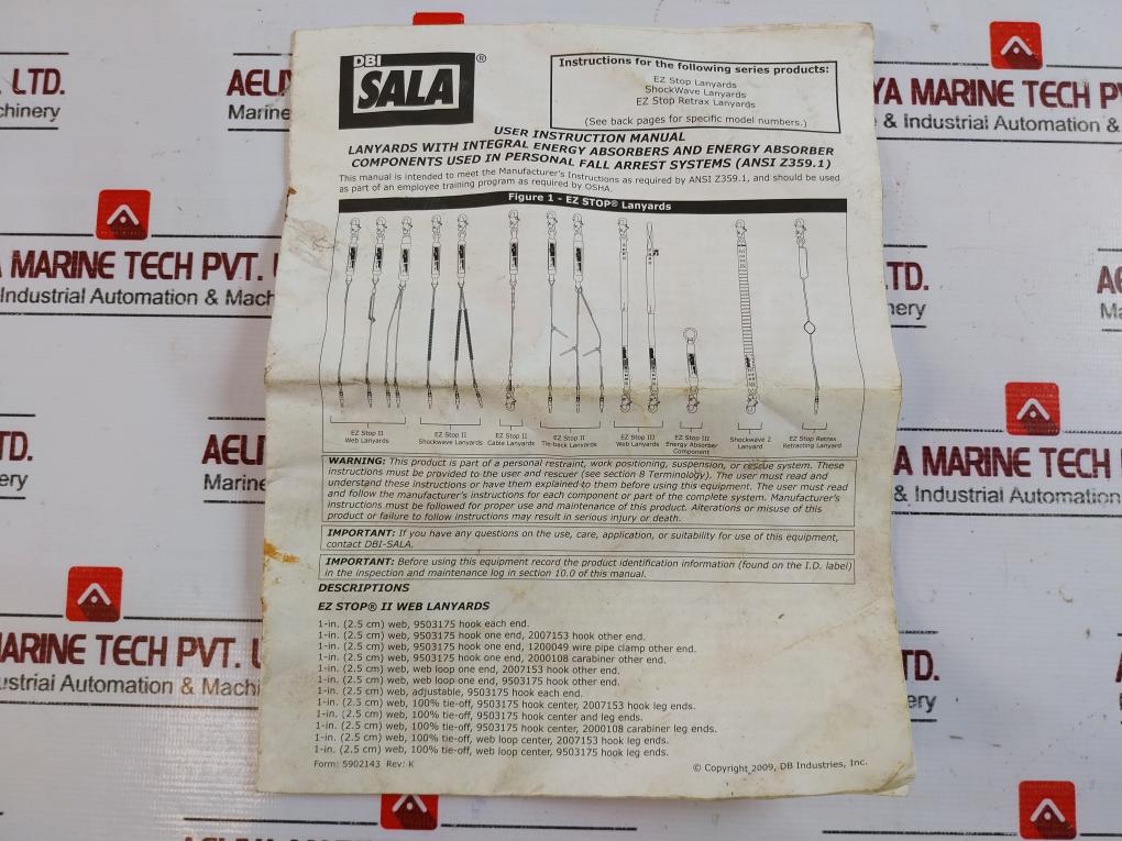 Dbi Sala 1240006 Shock Absorber Lanyard Length-6ft Snap Hook Anchor Connection