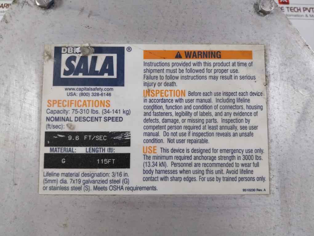 Dbi Sala 3303000 Sealed Blok Descender Rev: C 115Ft 75-310 Lbs 9.6 Ft/Sec