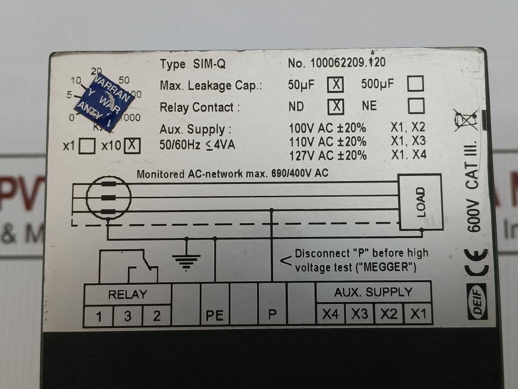 Deif 50/60Hz 4Va Insulation Monitoring Meter Megohm Sim-q