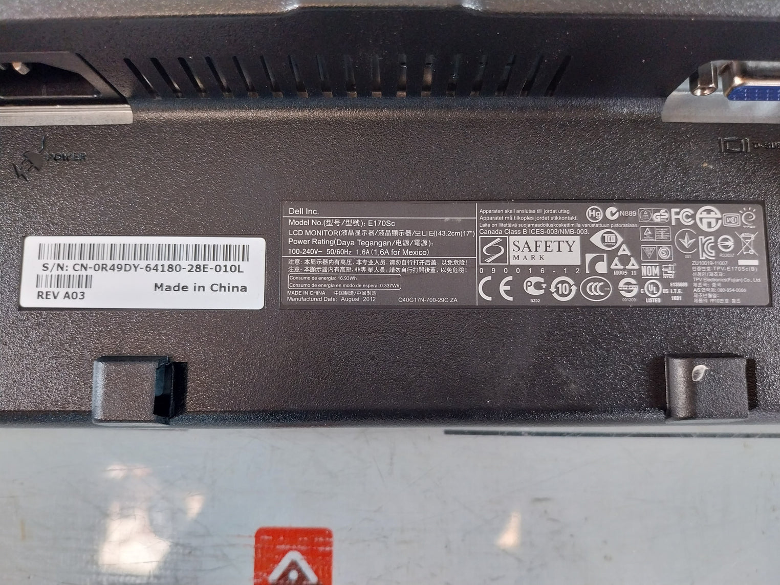 Dell E170Sc Lcd Monitor Kit Pc-mon-dell-17-tft 100-240V~ 50/60Hz 1.6A Rev: A03