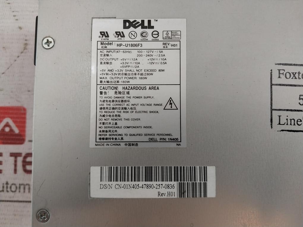 Dell Hp-u1806F3 Power Supply 1N405 Dlu1806F3 Rev: H01 100-127V/5A 47-63Hz 180W
