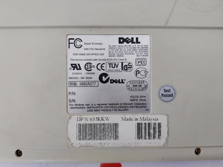 Dell Sk-8000 Quietkey Wired Computer Keyboard Rev: A00