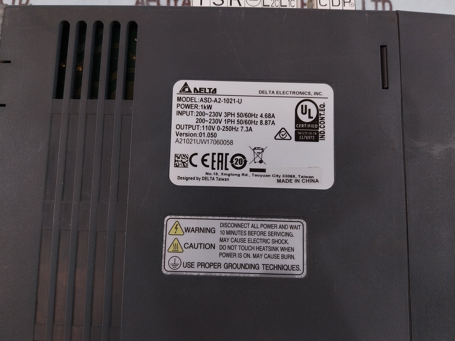 Delta Asd-a2-1021-u Servo Drive 1Kw 200~230V 3Ph 50/60Hz 4.68A