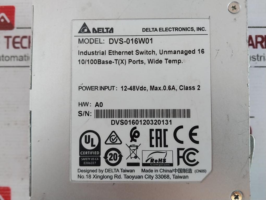Delta Dvs-016W01 Industrial Ethernet Unmanaged Switch Class 2 12-48Vdc 0.6A