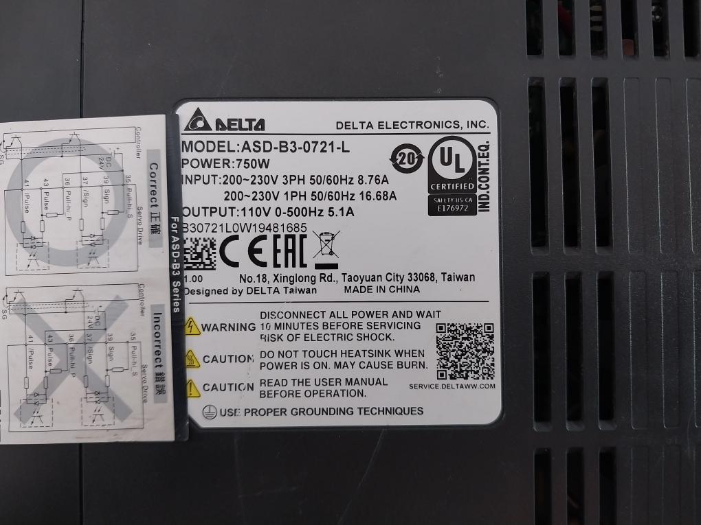 Delta Electronics ASD-B3-0721-L Servo Drive AC 220V 750W