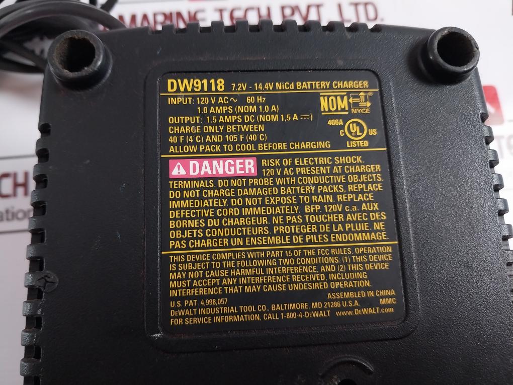 Dewalt Dw9118 7.2v-14.4v Nicd Battery Charger Black Input 120v