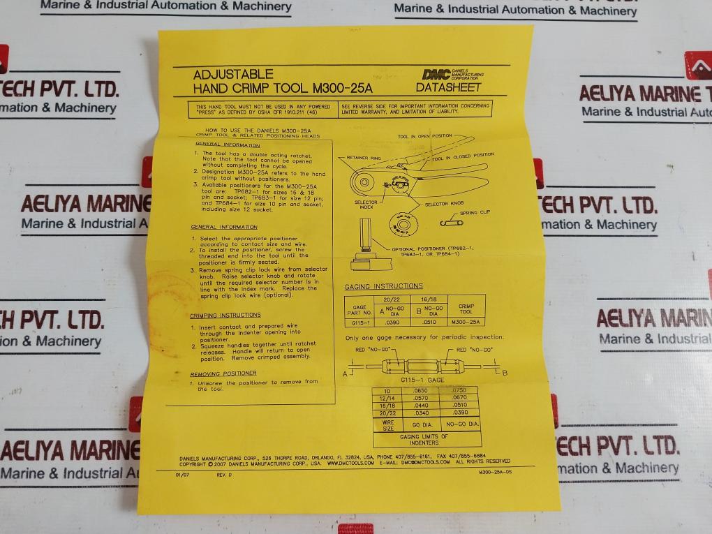 Dmc M300-25A Adjustable Hand Crimp Tool, Cage 11851, Bd000778
