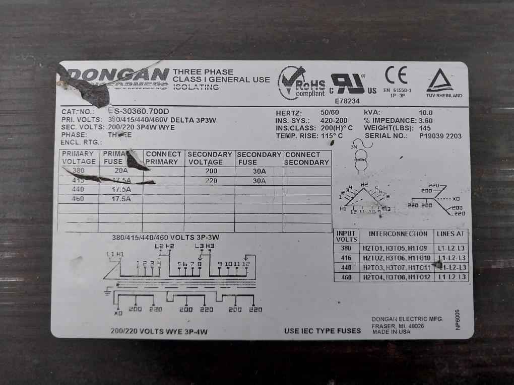 Dongan Electric Es-30360.700D Three Phase Transformer 200/220 3P4W 115˚C