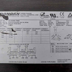 Dongan Electric Es-30360.700D Three Phase Transformer 200/220 3P4W 115˚C