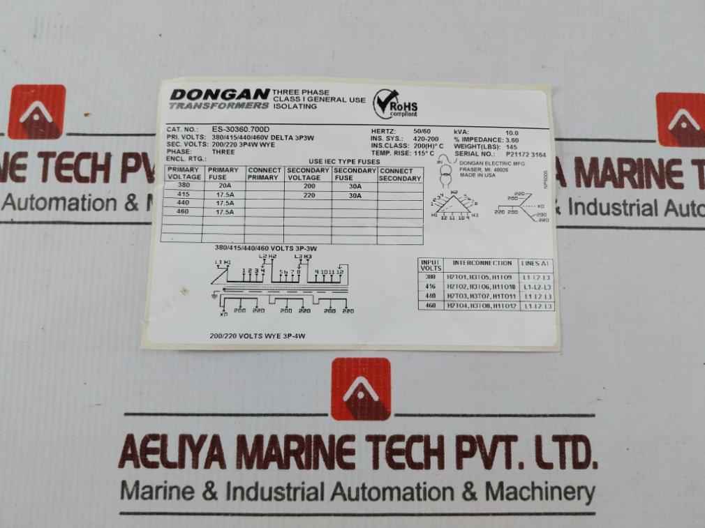 Dongan Es-30360.700D Three-phase Isolation Transformer 50/60 Hz E78234