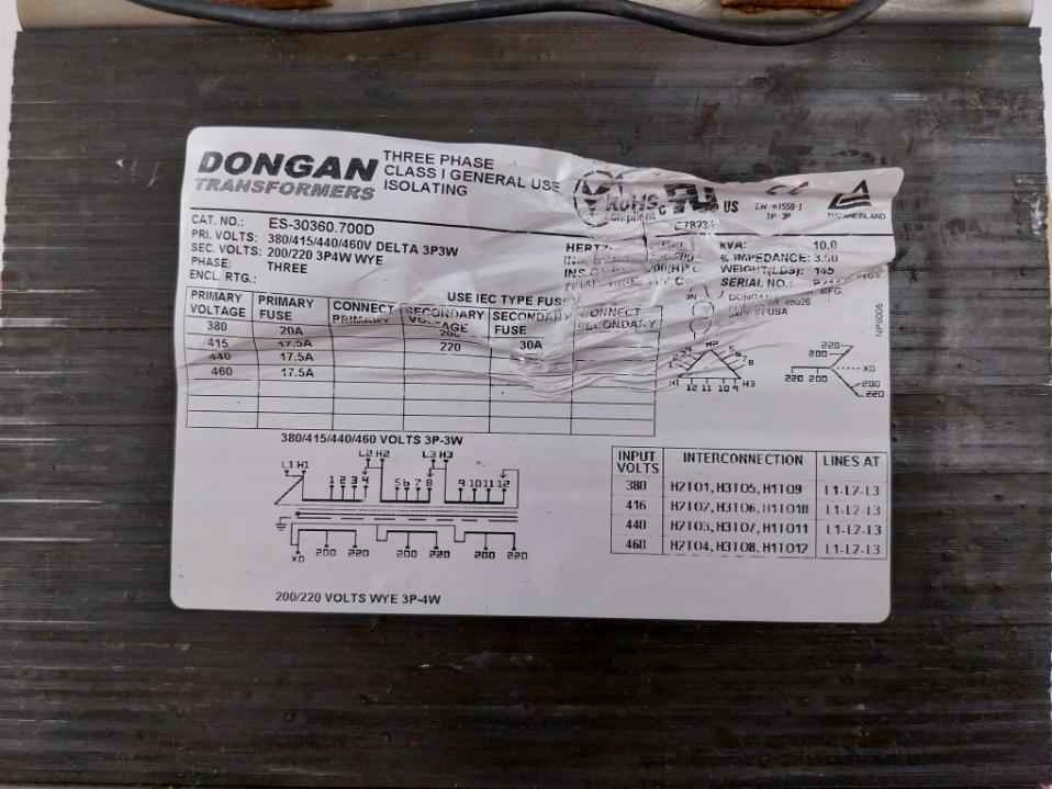 Dongan Es-30360.700D Three-phase Isolation Transformer 50/60 Hz E78234