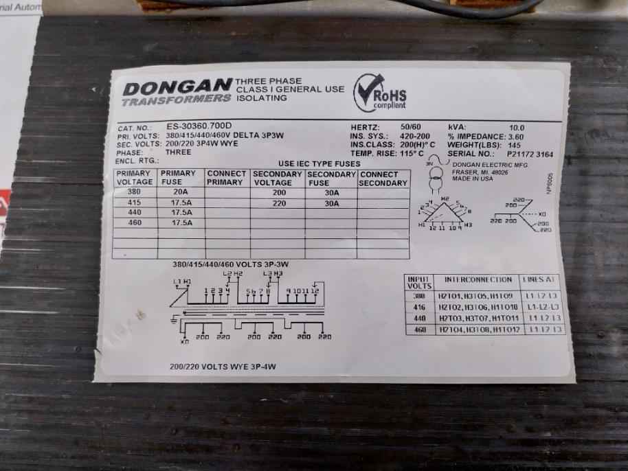 Dongan Es-30360.700D Three-phase Isolation Transformer 50/60 Hz E78234