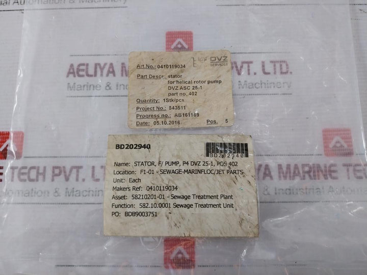 Dvz Services 0410119034 Stator For Helical Rotor Pump Asc 25-1