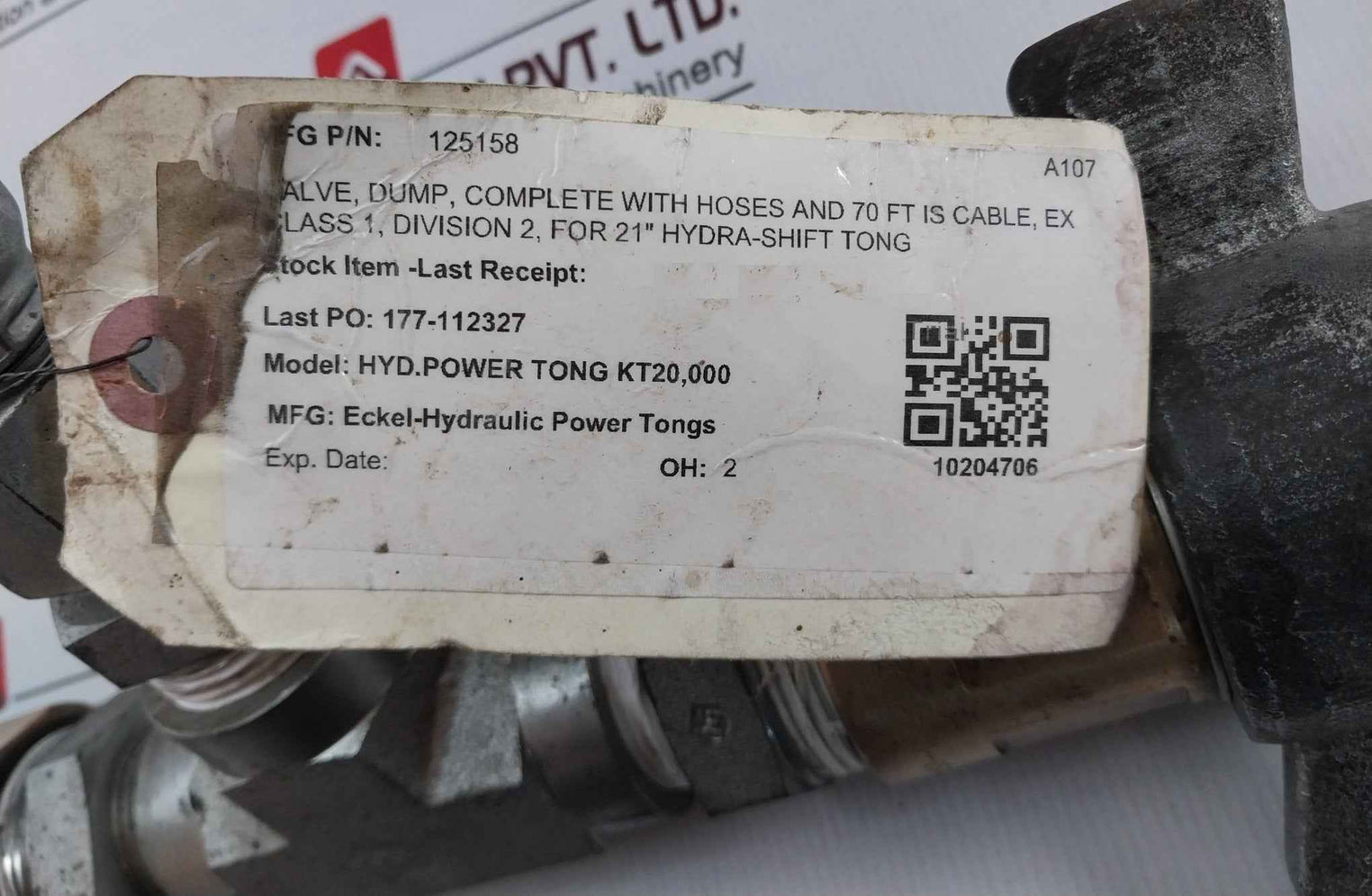 ECKEL 125158 Dump Valve Assy w/ Hoses & Cable KT20,000 SV1E-16-C-12T-24DU