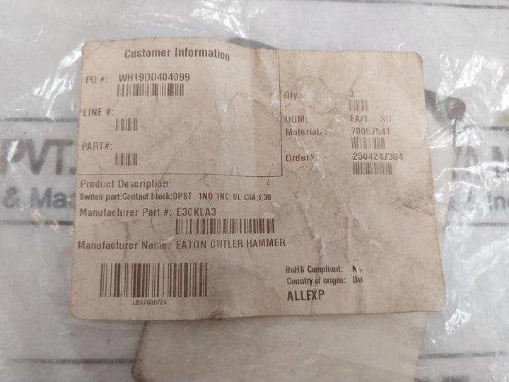 Lot of 2X Eaton Cutler Hammer E30KLA3 Contact Block Series A4 T0819