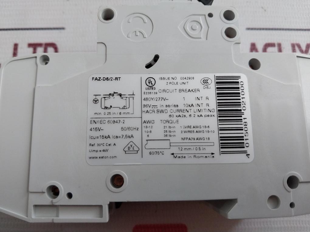 Eaton Faz-d6/2-rt Industrial Miniature Circuit Breaker 480Y/277Vac 4Kv