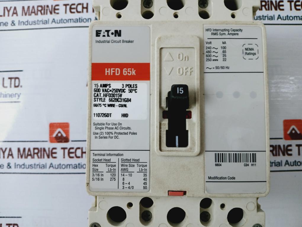 Eaton Hfd 65K Industrial Circuit Breaker 15 Amps 3 Poles 600 Vac-250Vdc 50°C