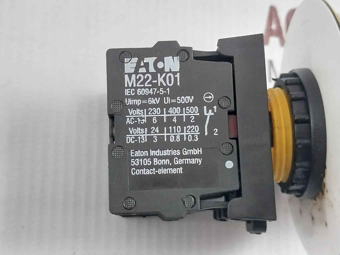 Eaton M22-k01 Emergency Stop Push Button Switch W/ Contact Block 500V,6Kv
