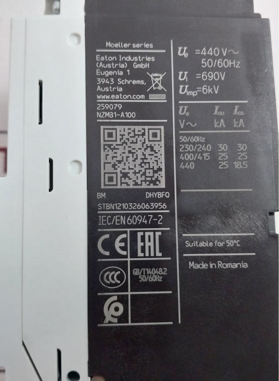 Eaton Nzmb1-a100 Molded Case Circuit Breaker 100A 1221B 40C Z00J0945000