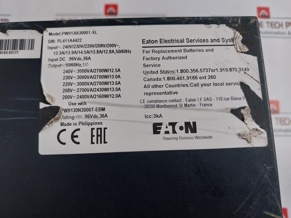Eaton Pw9130I3000T-xl Uninterruptible Power Supply Ver01 96Vdc 36A (Not Working)