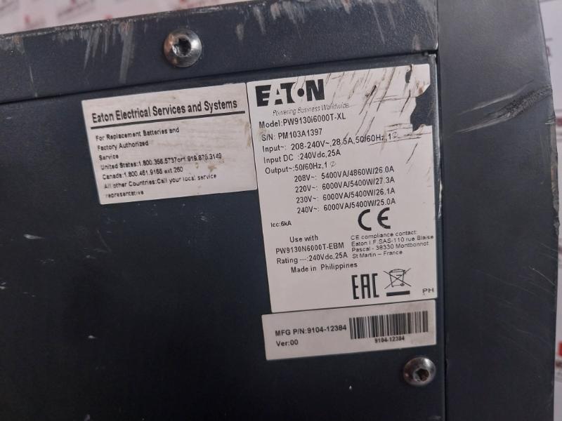Eaton Pw9130I6000T-xl Ups System 208-240V~, 28.5A, 50/60Hz 6Ka