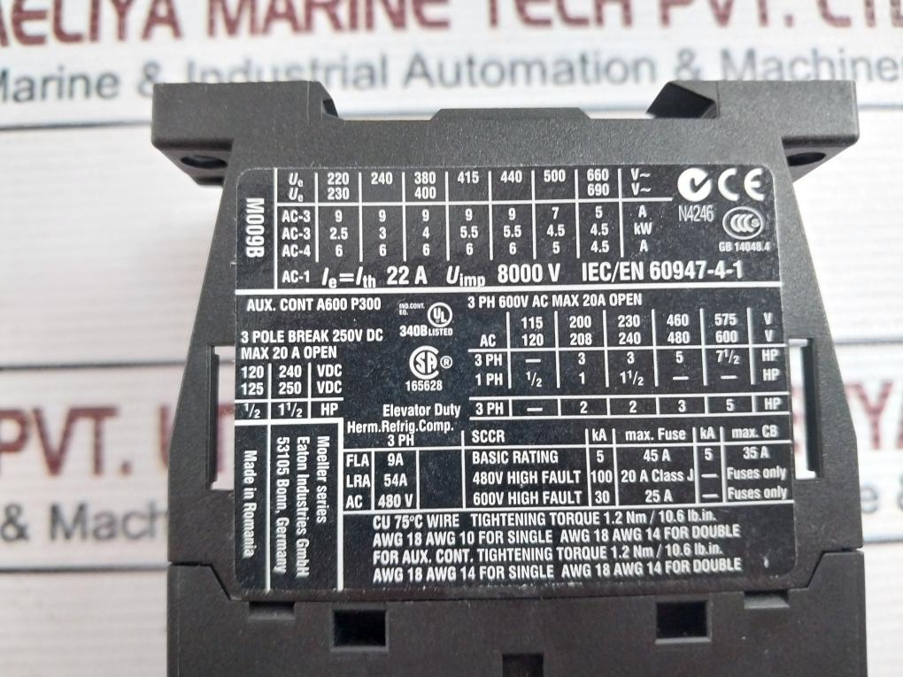 Eaton XTCE009B10 Contactor DIL M9-10 3 Pole Break 250V DC