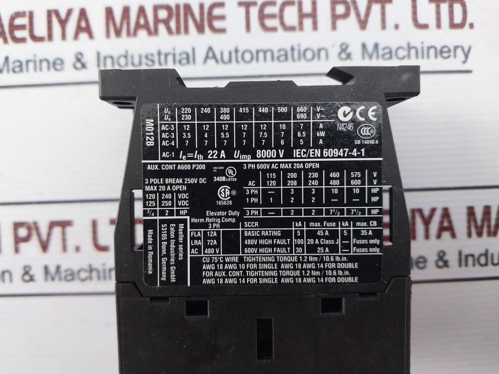 Eaton Xtce012B10 3 Pole Contactor 50/60Hz