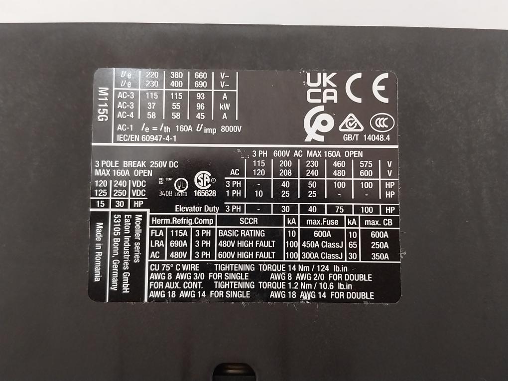 Eaton Xtce115G Contactor 190-240V 50-60 Hz