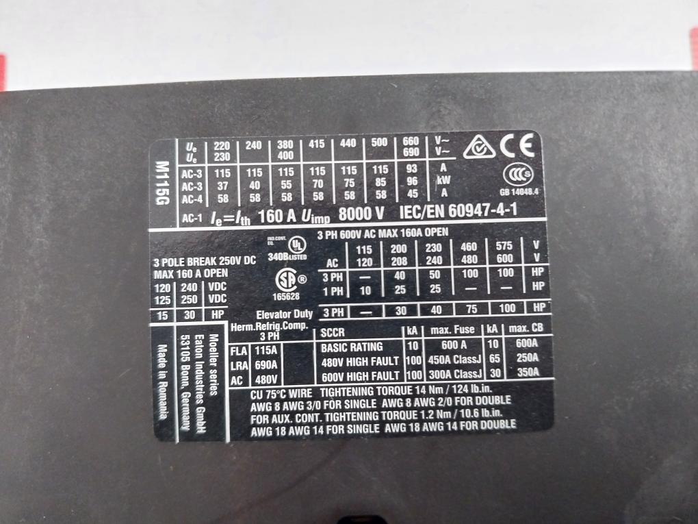 Eaton Xtce115G Contactor 55Kw/ 400V Ac Operated Dilm115 (Rac240)